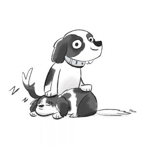 Commissioned pet portrait of a Japanese Chin and an American Spaniel. Created in a whimsical pen and ink style.