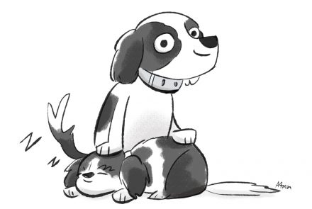 Commissioned pet portrait of a Japanese Chin and an American Spaniel. Created in a whimsical pen and ink style.