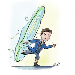 The character Number 5 from the Umbrella Academy. Illustrated in a whimsical classic children book style.