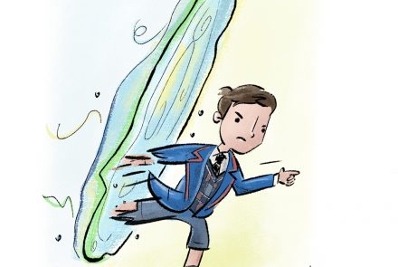 The character Number 5 from the Umbrella Academy. Illustrated in a whimsical classic children book style.